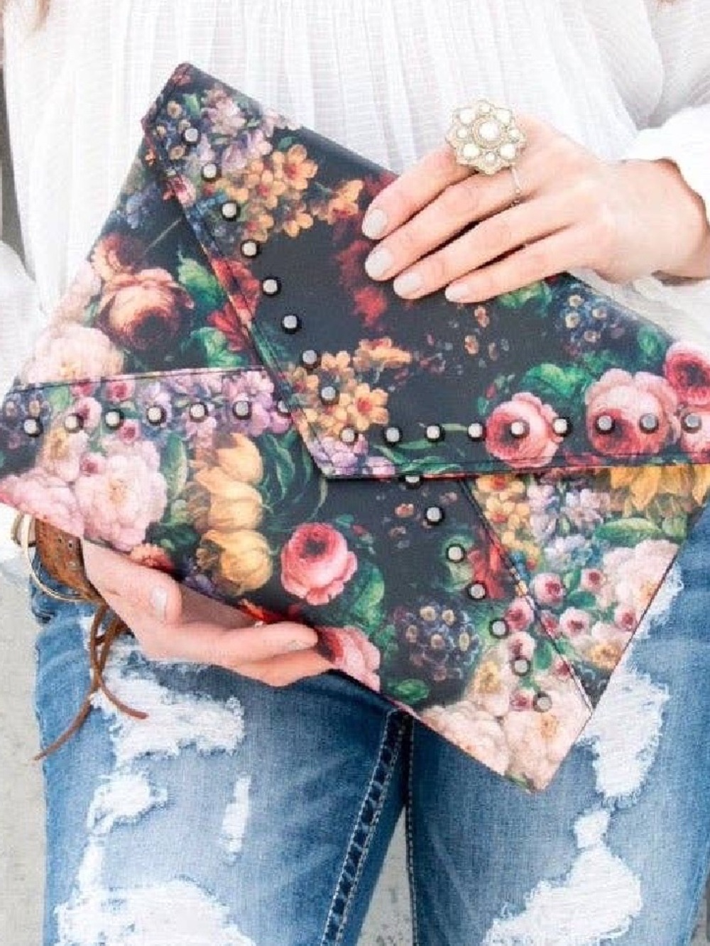 BOHO Floral Stud Envelope Clutch - Black Floral ♥️♥️ - Picture 2 of 2